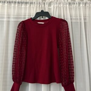 Lush Deep Red Blouse with Sheer Polka Dot Sleeves